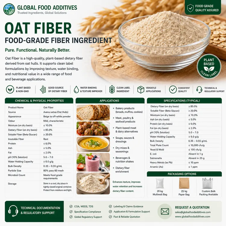 Food-grade Oat Fiber powder for bakery, meat, plant-based and nutrition applications