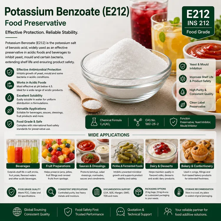 Potassium Benzoate E212 food-grade preservative food additive ingredient illustration